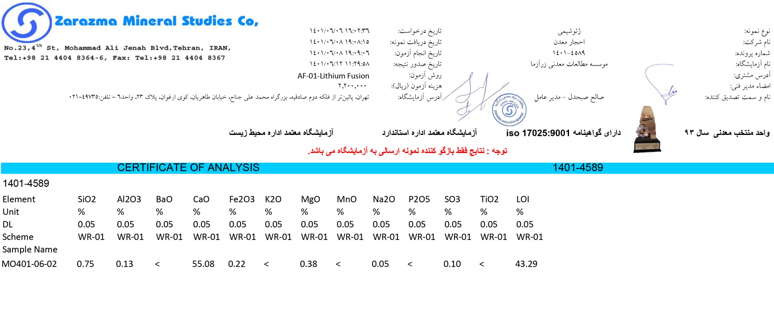 آنالیز شیمیامیی پودر کربنات کلسیم صنعتی احجار معدن