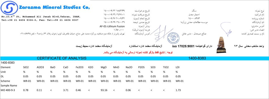 آنالیز اکسید منیزیم 94% گرید نسوز